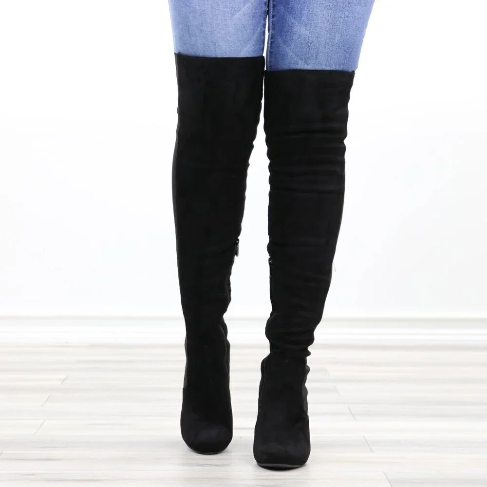 Black Over-the-Knee Boots Pointed Toe Faux Suede High Block Heel